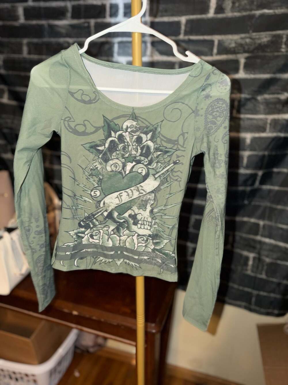 Ed Hardy Long Sleeve Top with Skull and Heart Design